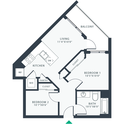 Floor plan for 2 beds, 1 bath, 740 sqft